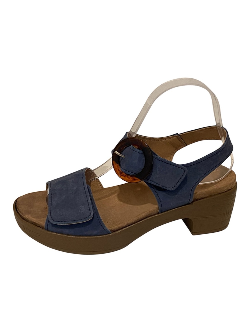 Gabor Dusty Blue Nubuck Comfort Sandal Tortoise Buckle Contoured Block Heel 7.5